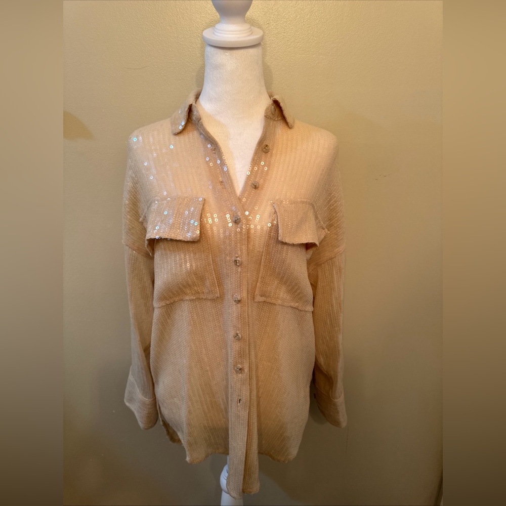 Anthropologie Pilcro Sequined Long-Sleeve Oversized Button Down Top NEW XXS